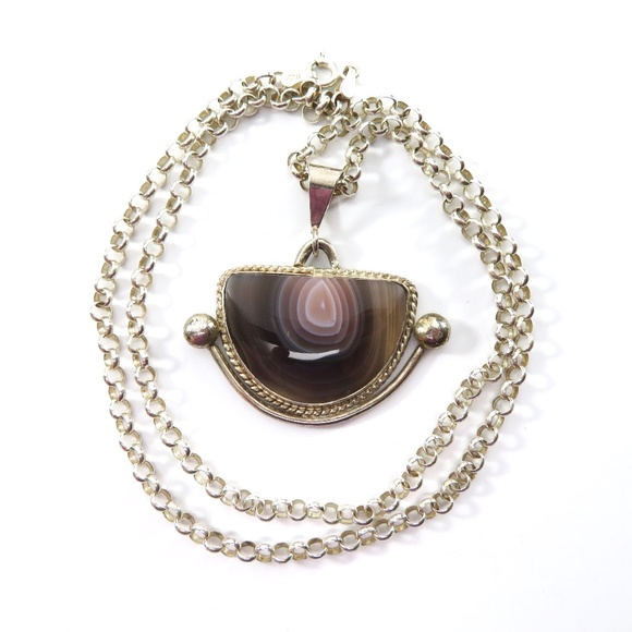 Banded Agate Pendant Necklace, Sterling, Signed - Picture 1 of 7